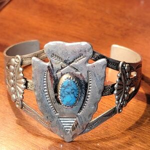 Vintage Southwestern Cuff Bracelet Turquoise Stone Nickel Silver Bell Arrow Desi